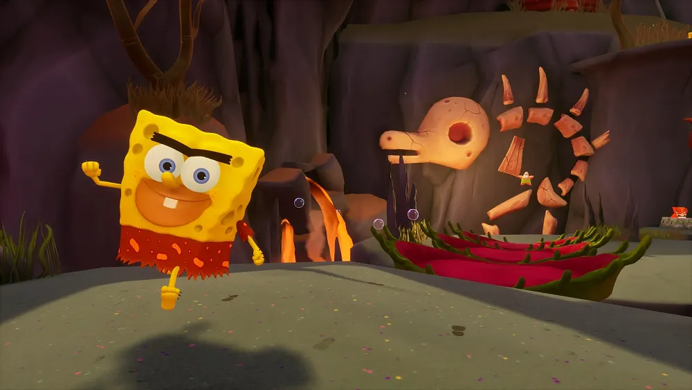Screenshot showing a caveman version of SpongeBob SquarePants running from dinosaur bones