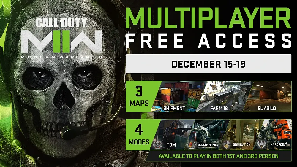 Infographic saying there is a free weekend for Modern Warfare 2 multiplayer with text indicating three maps and four game modes to try
