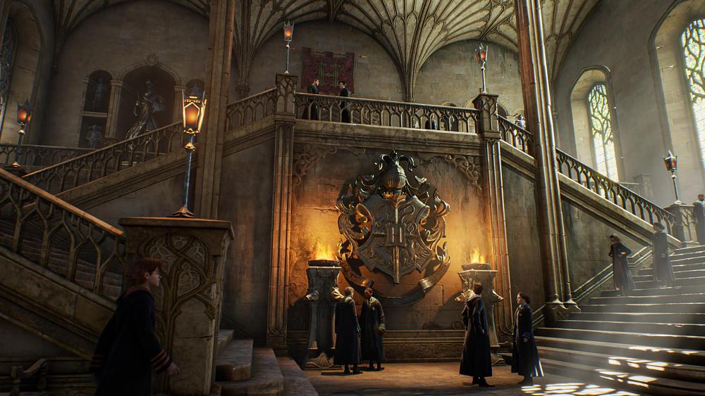 Screenshot showing several student wizards and witches socializing in Hogwarts
