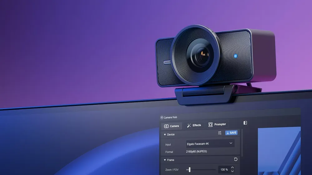 A webcam from Elgato showing a large lens on a webcam, all of which is sitting atop a monitor.