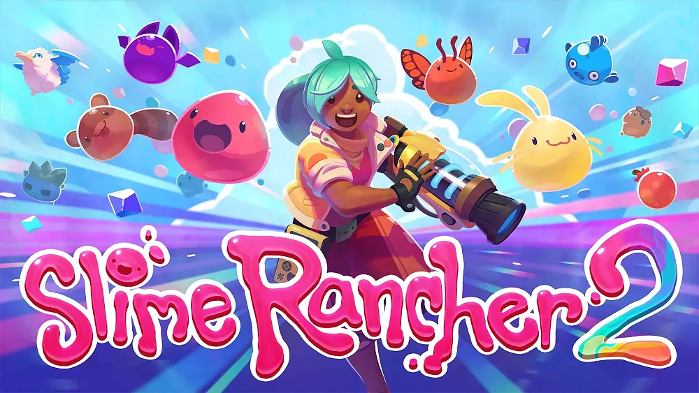 A colorful character surrounded by colorful goo blob happy creatures.