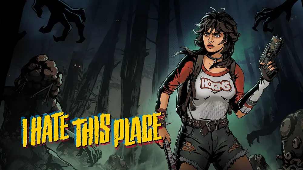 Comic book style art of an angry woman holding a gun and club as she starts to be surrounded by grotesque monsters in a dark forest.