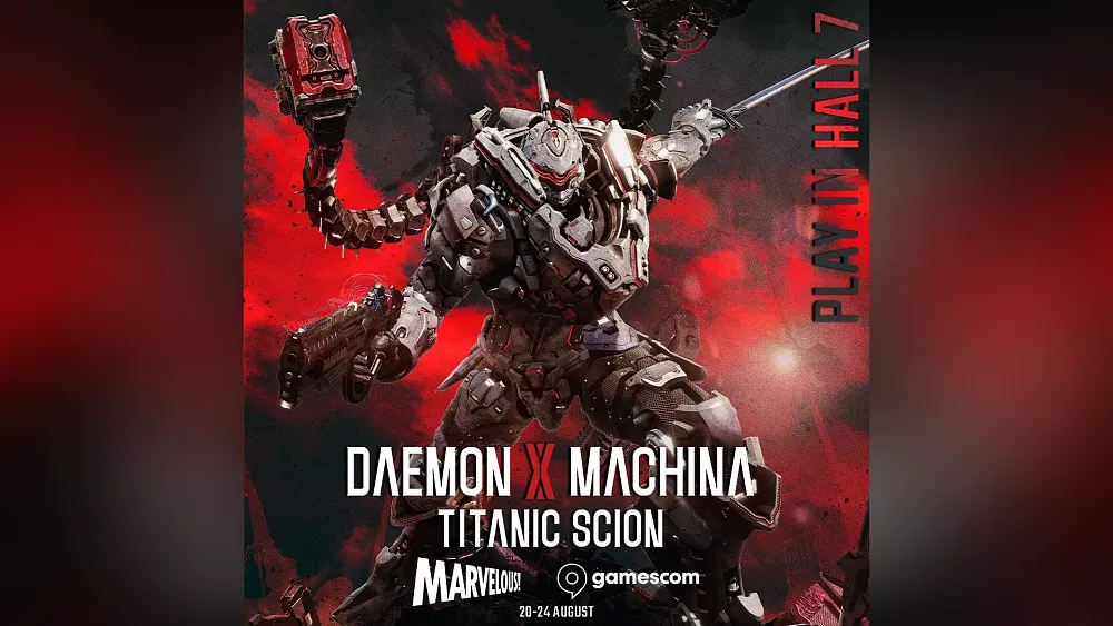 Promotional art showing a mech suit style warrior, a character from Daemon X Machina: Titanic Scion that will be playable at gamescom 2025 in late August.