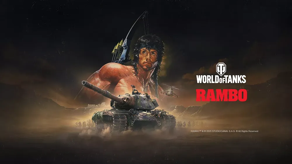 Art showing the movie character John Rambo ready for war. Text says World of Tanks and Rambo.