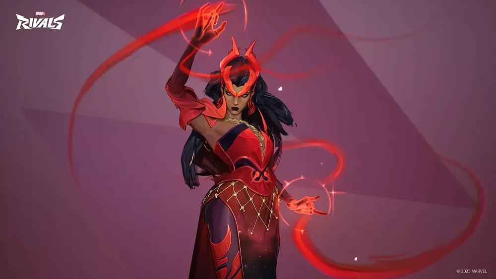 A black haired woman wearing dark red and conjuring red magic around her.