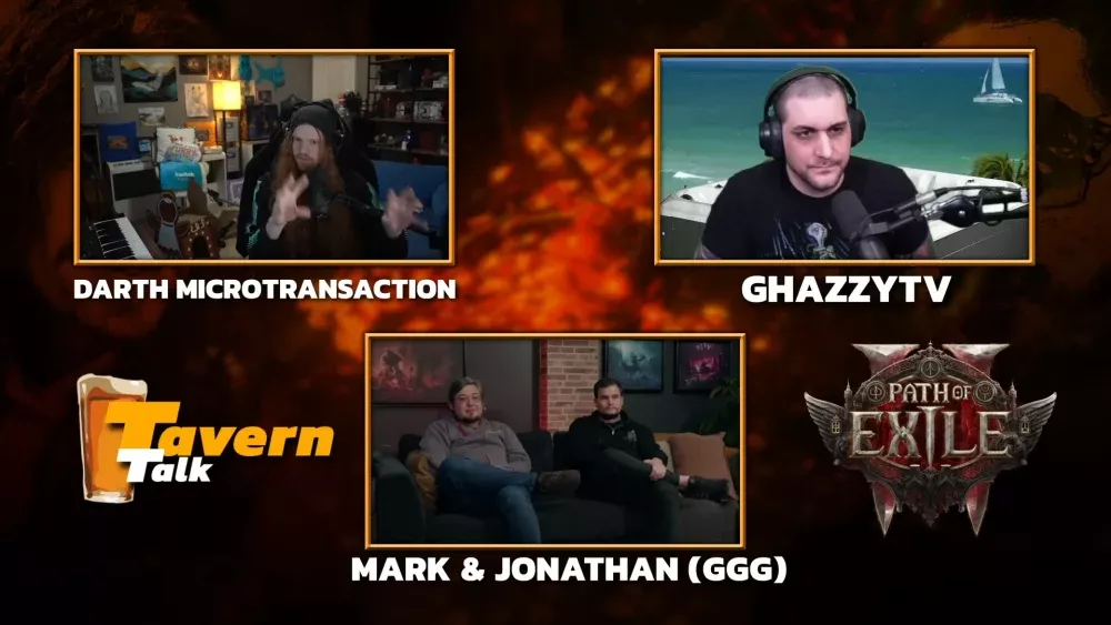 Still from a recent podcast between 3 groups. There are 3 webcam views showing four different men talking. Text on screen includes: Darth Microtransaction, GhazzyTV, Mark & Jonathan (GGG). The name of Tavern Talk and Path of Exile 2's logo are shown.