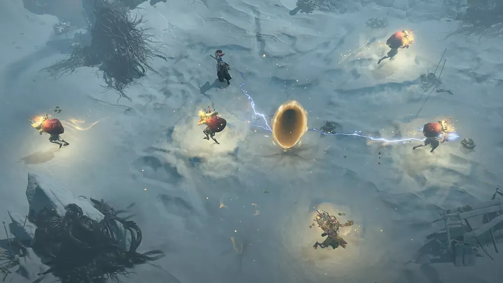 Several Treasure Goblins running around in a snowy area in Diablo 4.