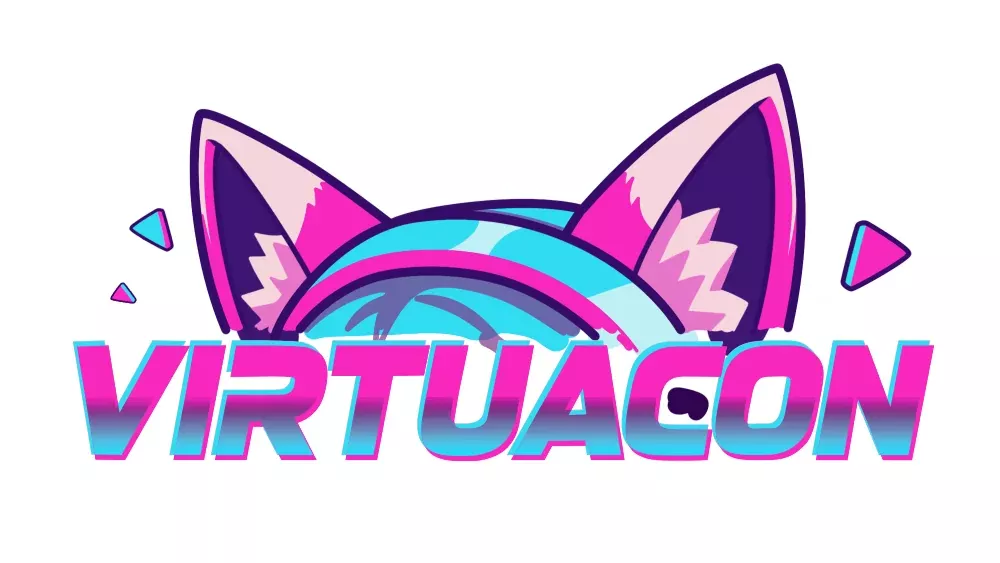 Logo for VirtuaCon with a pink and blue image of cat ear headphones.