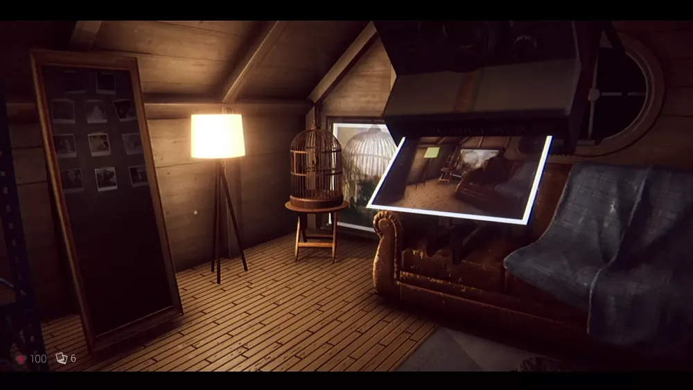 First-person view of someone having just taken a polaroid photo of some location in a furnished attic.