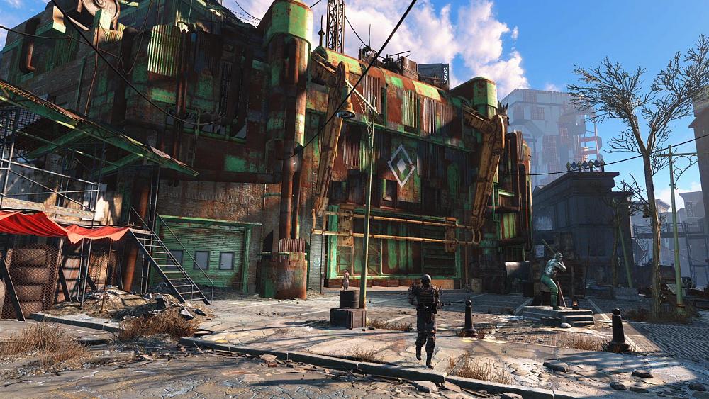 The outside of Fenway Park, aka Diamond City, from Fallout 4 after it was converted into a small city.