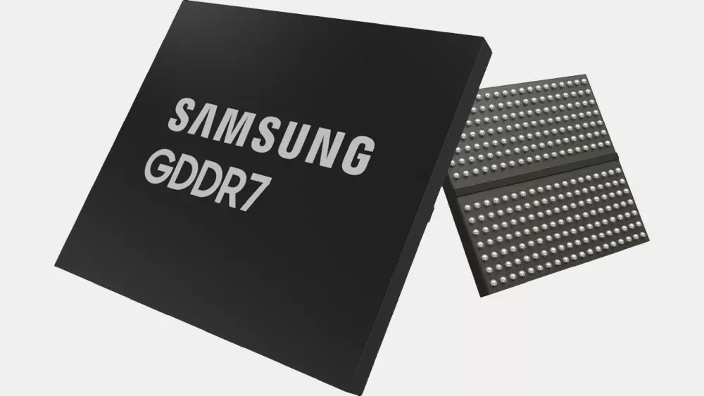 The front and back of a Samsung produced GDDR7 VRAM module.
