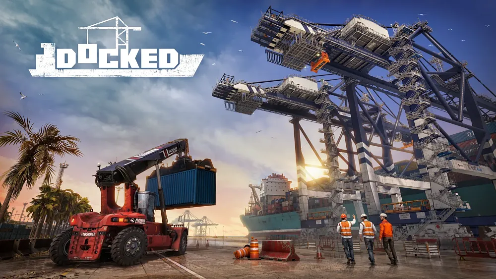 Key art image titled "DOCKED" showing a red forklift lifting a blue container in a busy port with massive cranes and a cargo ship in the background.