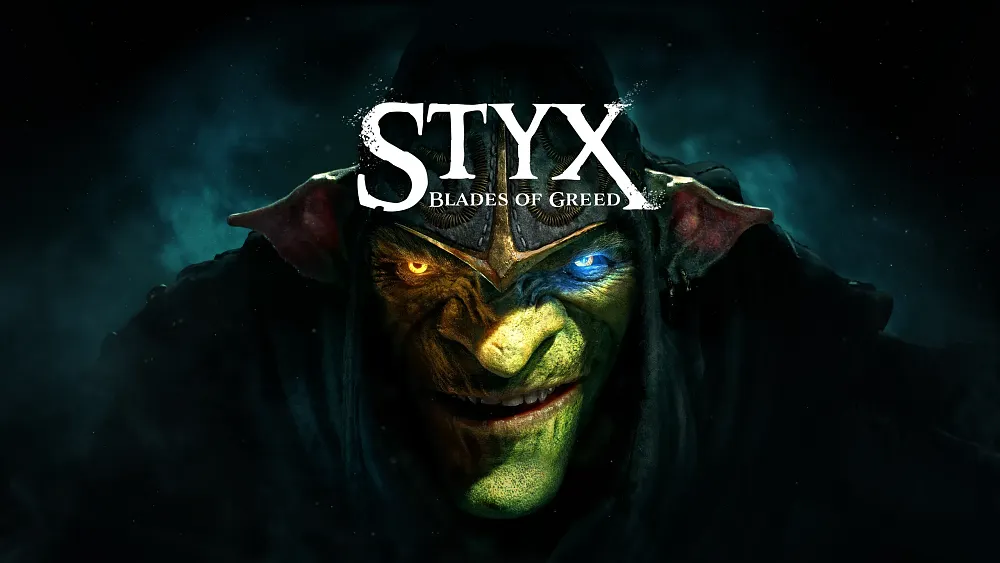 A grinning goblin-like character with mismatched glowing eyes and a helmet, with the title "STYX: BLADES OF GREED" superimposed over the image.