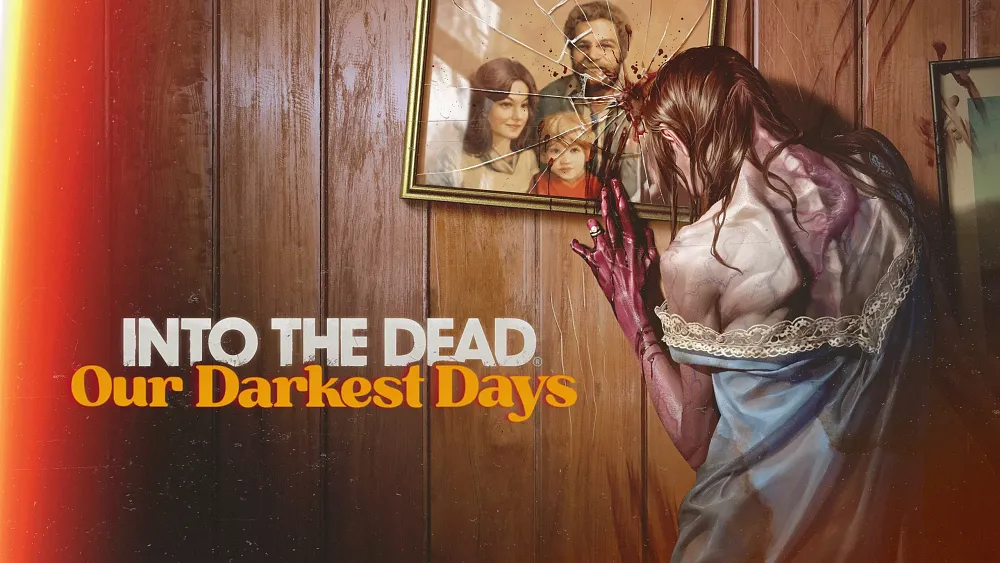 A woman who is turning into a zombie with blood down her arm is running her hand against a shattered family portrait. The title, Into the Dead: Our Darkest Days is seen on the bottom left of the image.