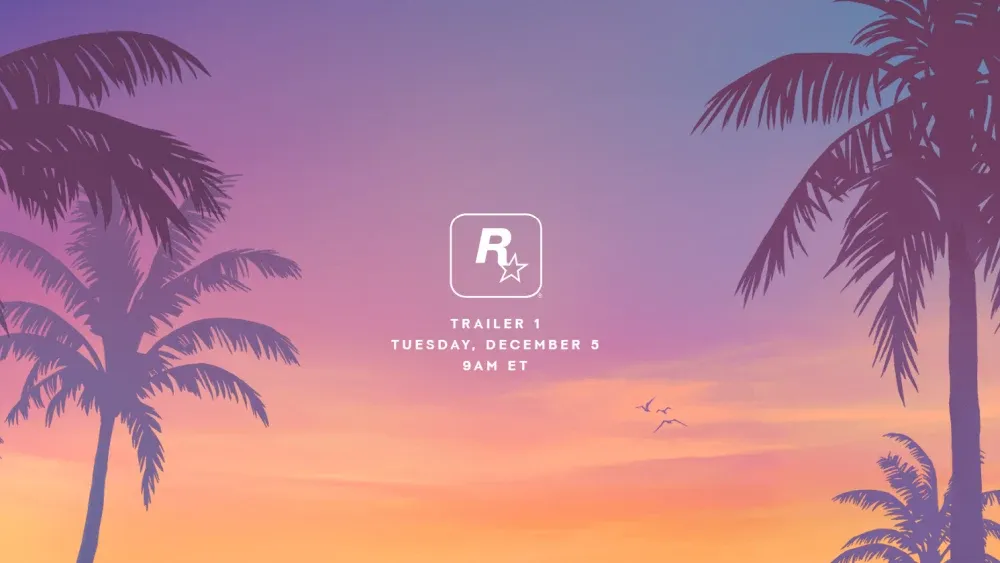 The Rockstar Games logo, "Trailer 1 - Tuesday, December 5 at 9AM ET" all set atop a pastel background of sunset with palm tree silhouettes.