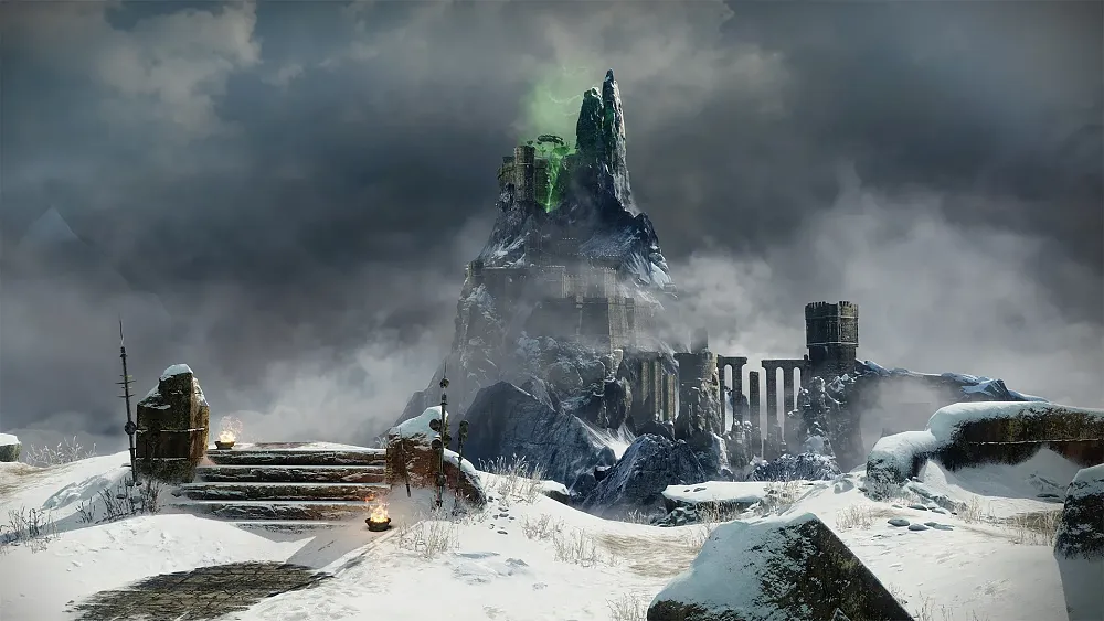 Image of a distant castle built atop a snowy mountain in Destiny 2.