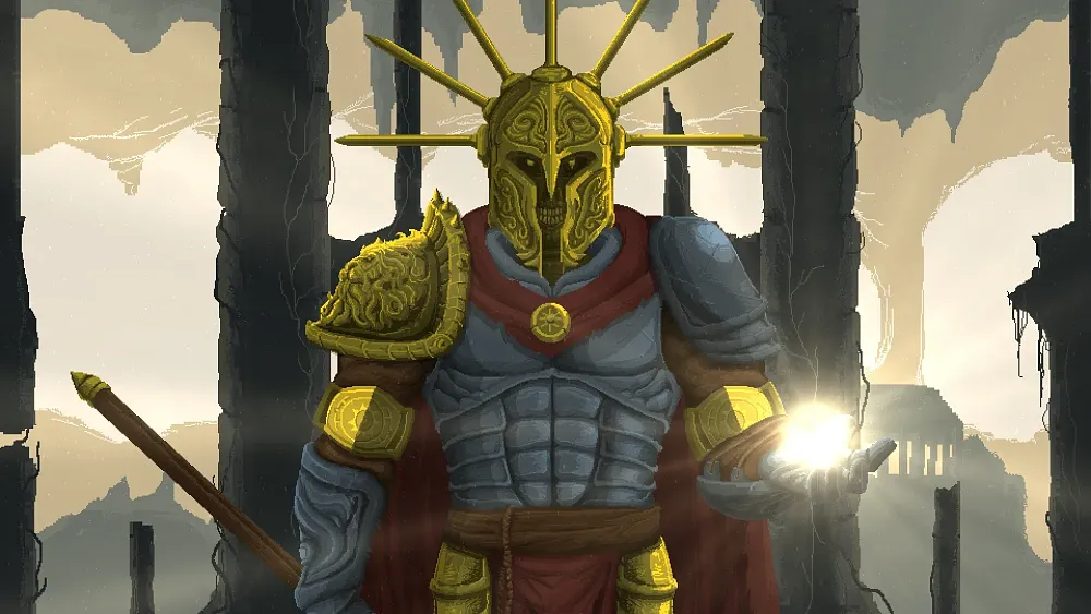 A decaying human figure adorned with kingly style armor. Serves as the key art for the game Crimson Capes.