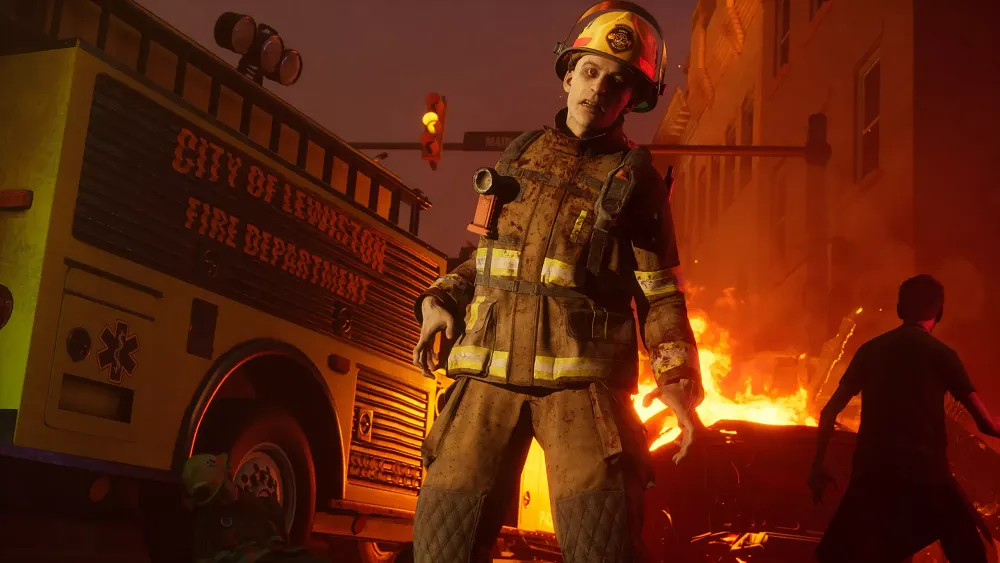 A zombie fireman standing near a firetruck at night in the middle of a city street.