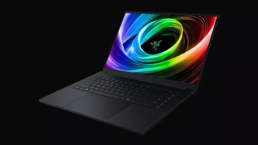 A photo of a new 16-inch laptop from Razer, which is not available for pre-purchase in the Untied States due to tariffs.