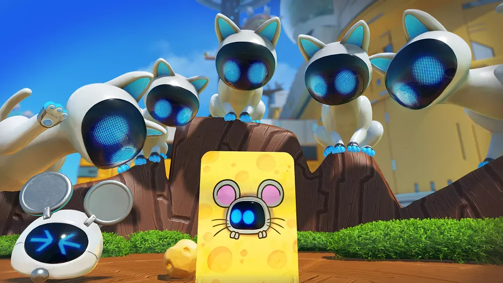 Astro Bot posting in a cardboard cutout of a mouse while being surrounded by other robot mice.