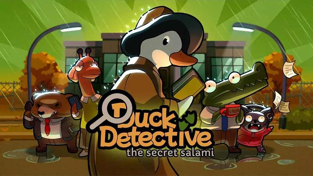 Key art for Duck Detective: The Secret Salami showing the title as well as the cast of cartoon animal characters.