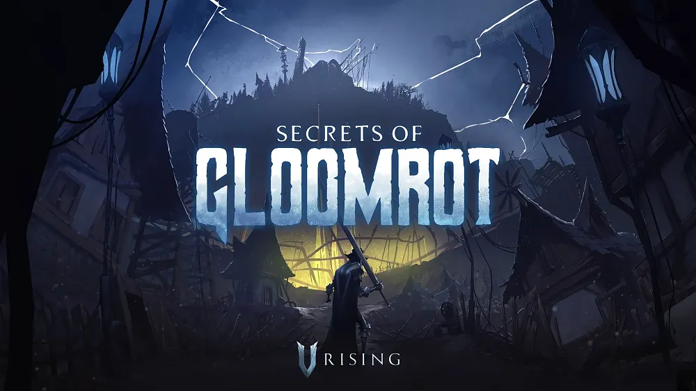Key art for the Secrets of Gloomrot update for V Rising with the name and a figure standing before a giant castle in a spooky environment.