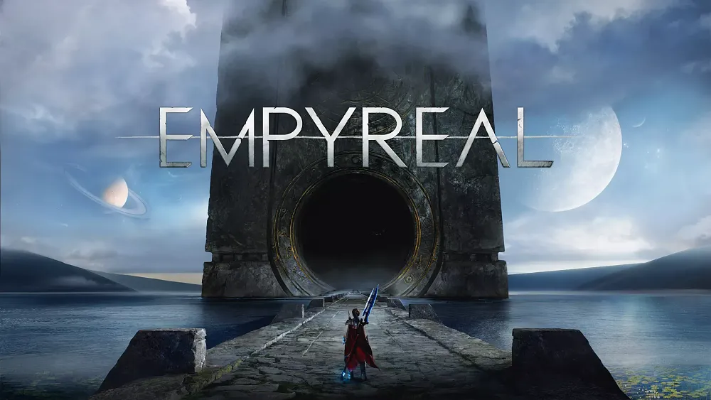 A character standing on a water surrounded walkway leading towards a giant monolith with a deep, dark hole or tunnel in it.