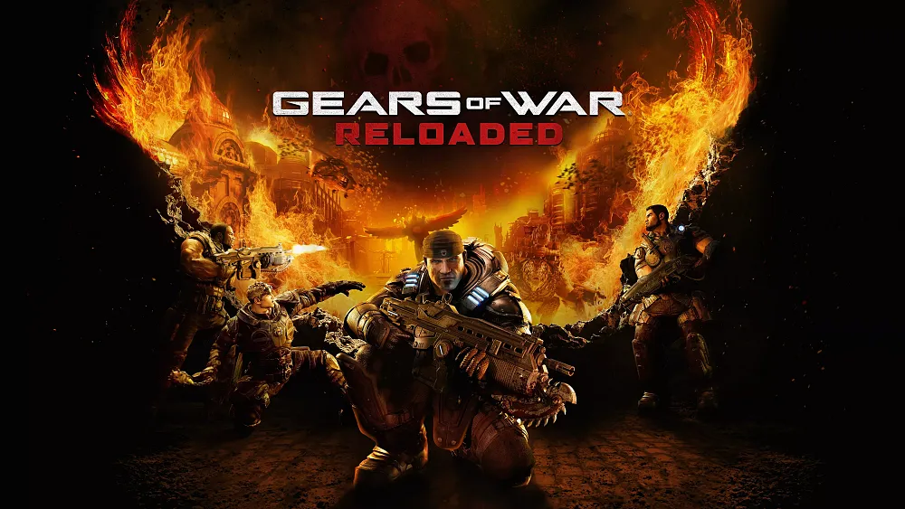 Art showing the four main characters from Gears of War. Three are in the back fighting enemies located within a cutout of a city on fire. The main character, Marcus, is kneeling and looking towards the viewer as he holds his weapon that has a chainsaw attached to it.