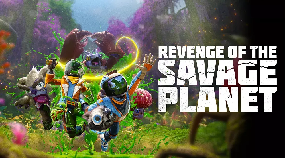 Artwork showing the title, Revenge of the Savage Planet, and some zany astronaut explorers on a colorful alien planet being chased by the alien wildlife.