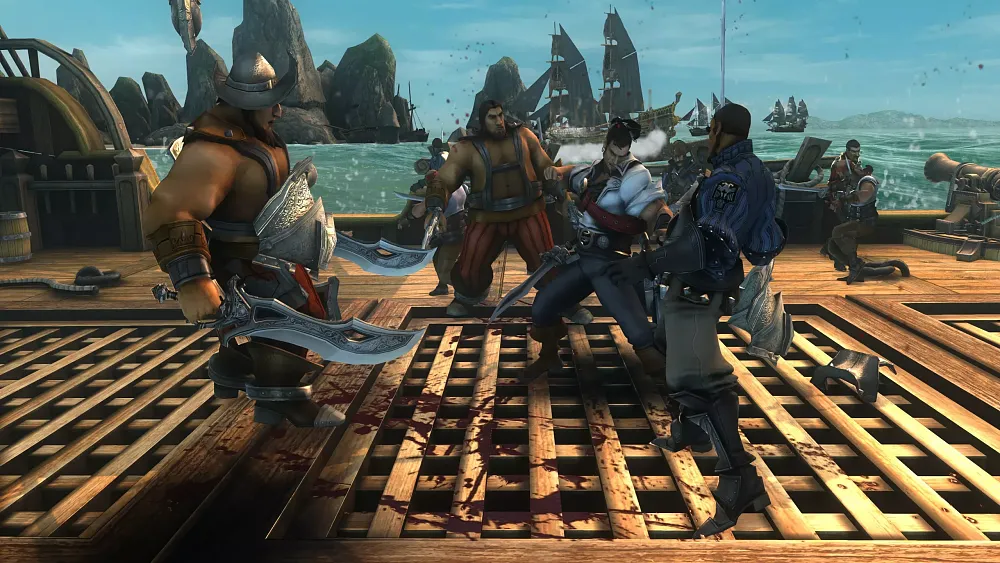 A pirate captain fighting other bad pirates aboard a ship.