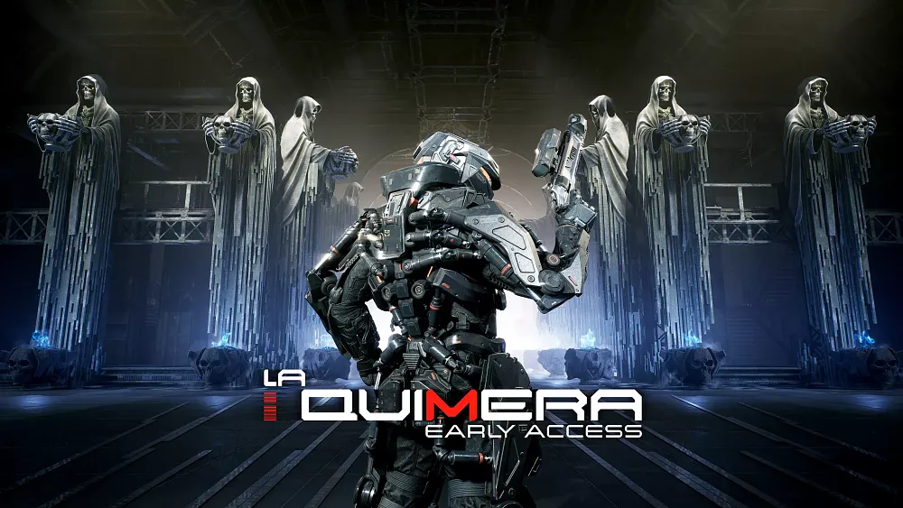 Key art showing a soldier with sci-fi, futuristic armor standing with their back to the camera. In the background are several tall statues of skeletons draped in robes and holding skulls. The title is shown at the bottom.
