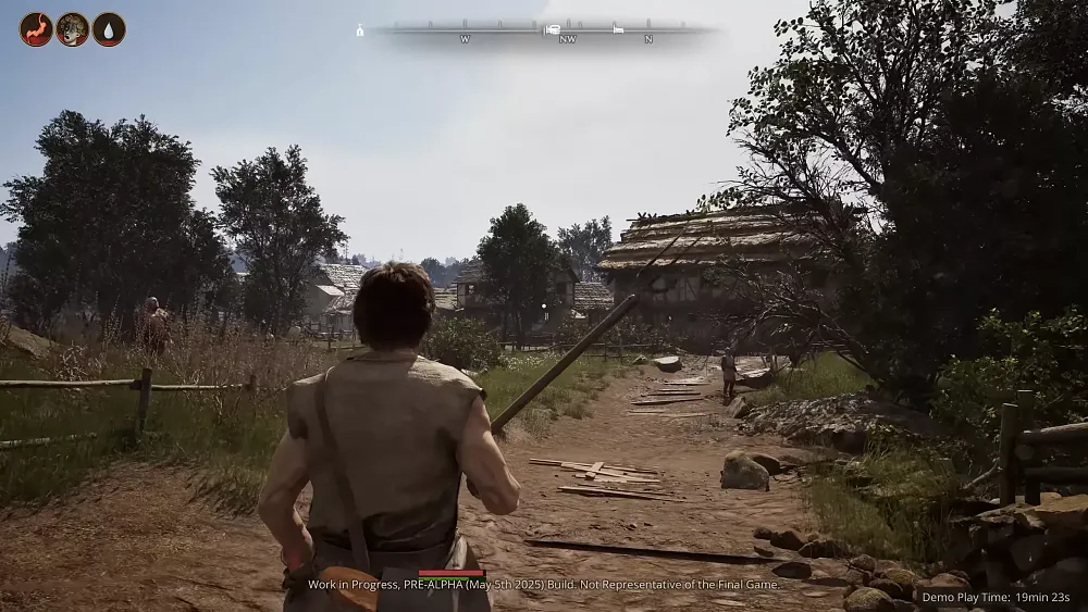 A medieval commoner armed with a pitchfork walking along a dirt road towards a small village.