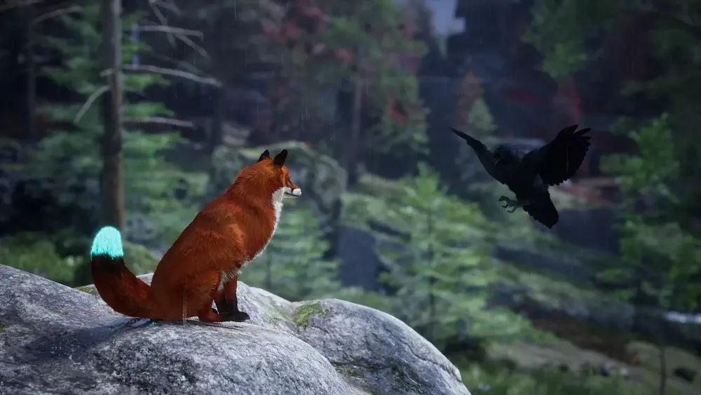 A fox sitting on a rock looking at a crow as rain falls around them.