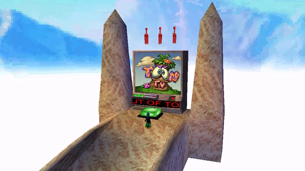 A walking, talking lizard named Gex looking at a big TV with a big green button in front of it.
