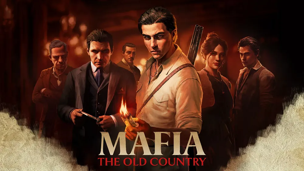 Art showing the title, Mafia: The Old Country, at the bottom. The image shows an early 90s Italian mafia crime family.