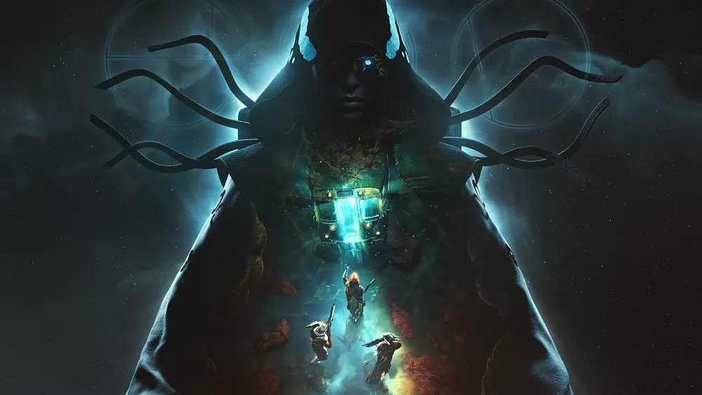 Key art for The Edge of Fate expansion for Destiny 2 showing a large person made up of a nebula or something with a bus in their chest? And three Destiny Guardians approaching.