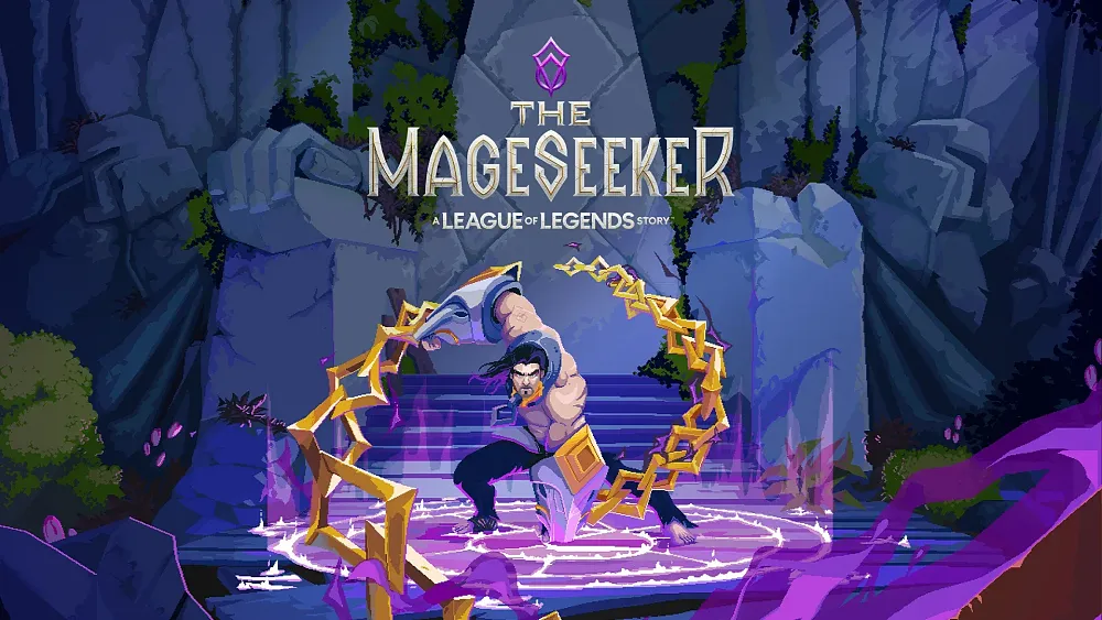 A man standing in a purple ground aura who is whipping a gold chain around.
