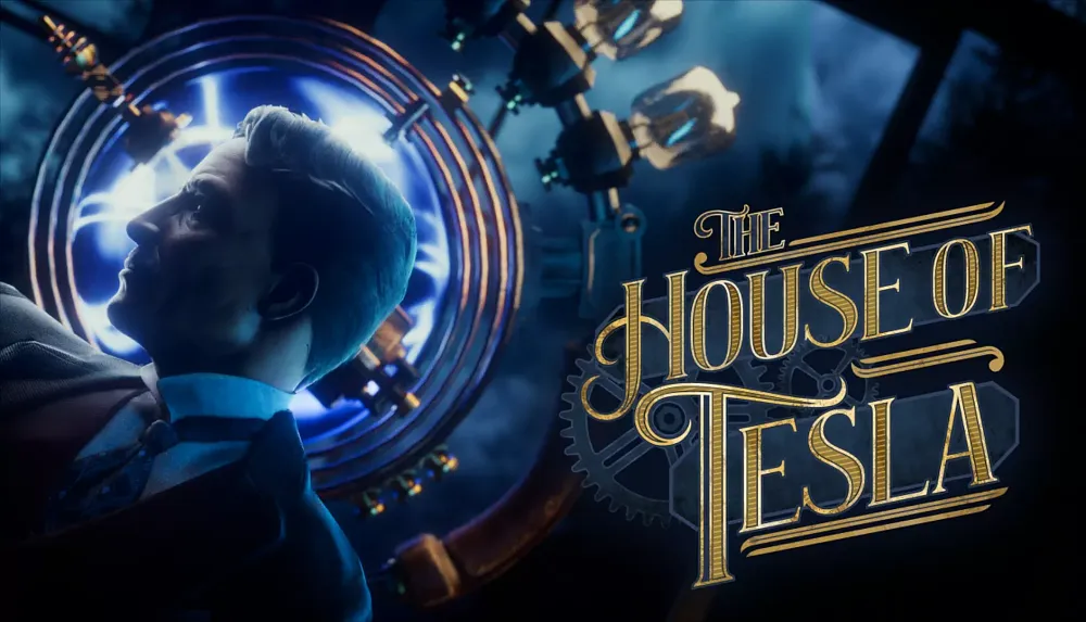 Art showing Nikola Tesla in front of one his inventions. The title, The House of Tesla, is seen on the right side of the image.
