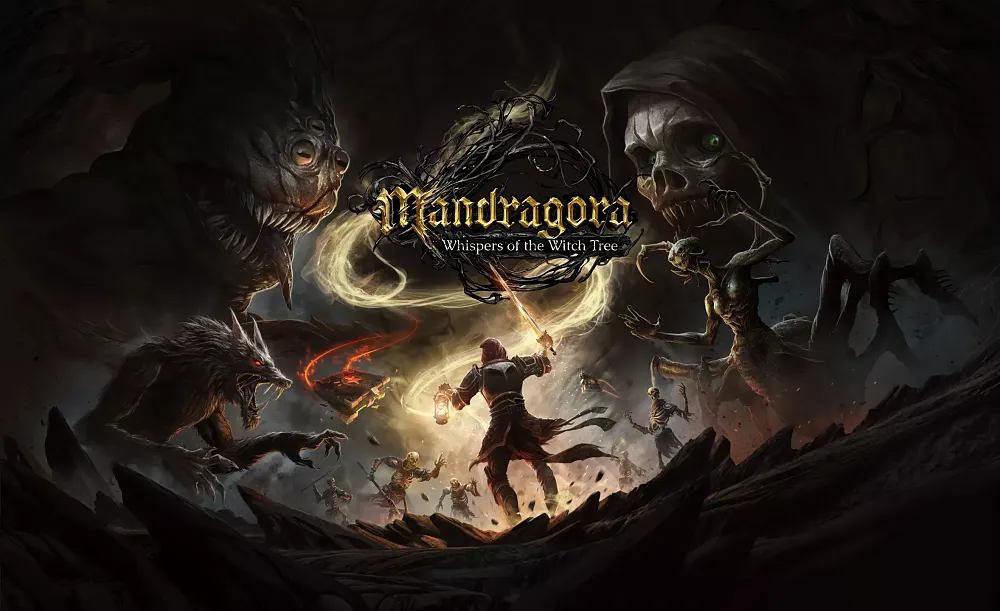 Art showing the game title, Mandragora: Whispers of the Witch Tree, along with a rear view of the main character with a flaming sword as he looks towards several large creatures and enemies in the background.
