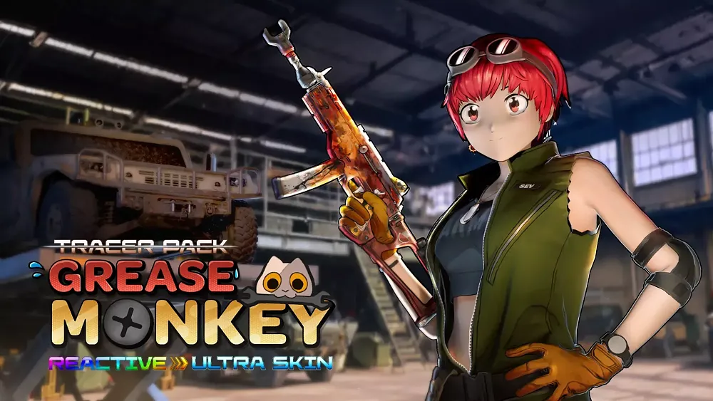 A skin pack from Black Ops 6 showing a cel-shaded anime girl skin for one of the characters. It's called the Tracer Pack Grease Monkey Reactive Ultra Skin pack.