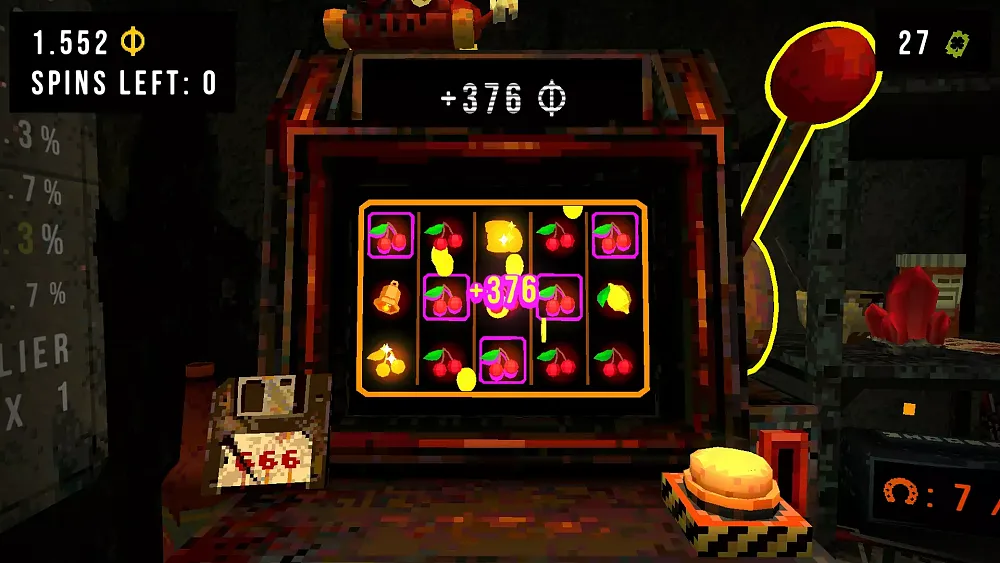 Screenshot from CloverPit showing a slot machine in a scary, dirty pixelated game environment.