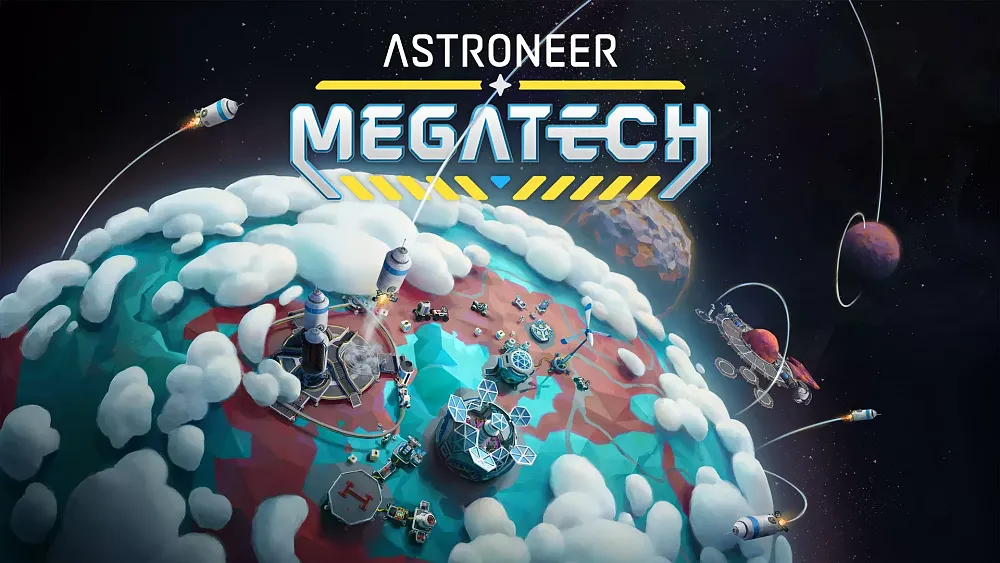 Art showing a planet with several different megastructures. Other planets in the background have other structures, including one with an entire ring structure. Text: Astroneer Megatech.