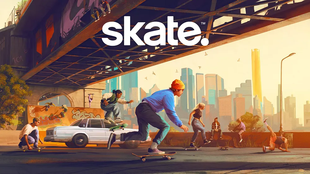 Art showing people skating around on skateboards. The title, skate., also appears.
