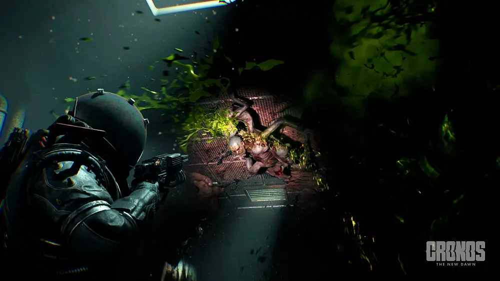 Screenshot from Cronos: The New Dawn showing the player character aiming a weapon at a vomit spewing enemy on the ceiling.