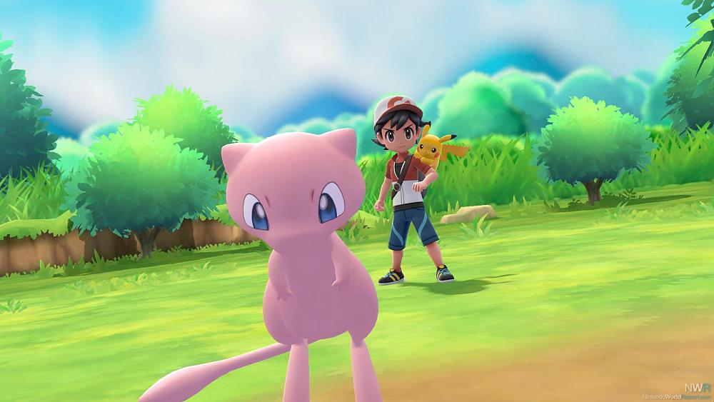 Screenshot from a 3D Pokemon game featuring a couple of animal-like creatures and a human Pokemon trainer.