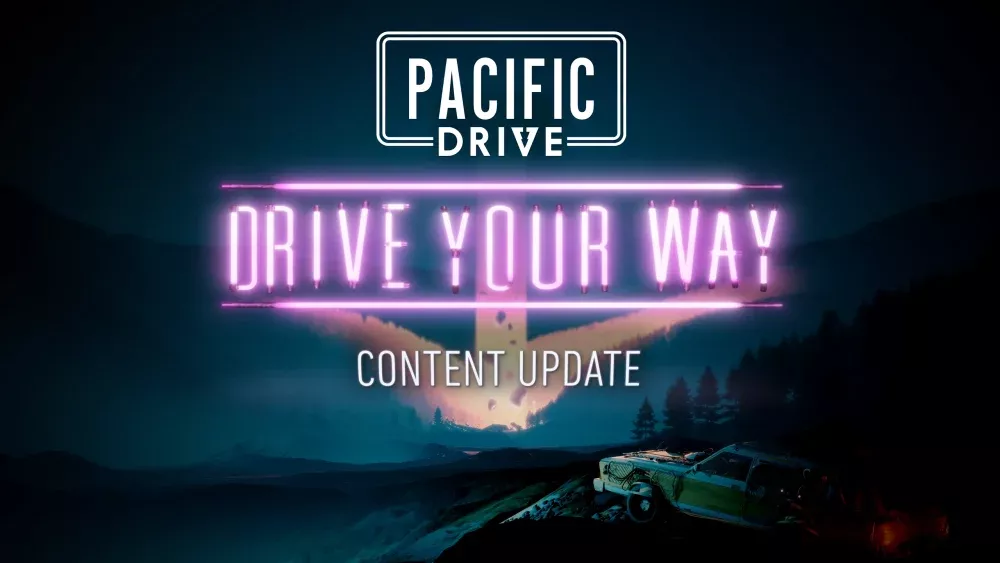 A station wagon sitting idle overlooking a valley. Words Pacific Drive - Drive Your Way seen.