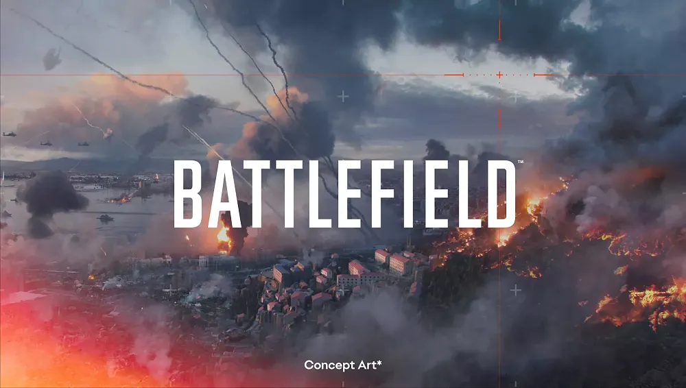 Concept art showing a modern-day war-ruined city. It is concept art for the next Battlefield game, possibly set to release in 2025.