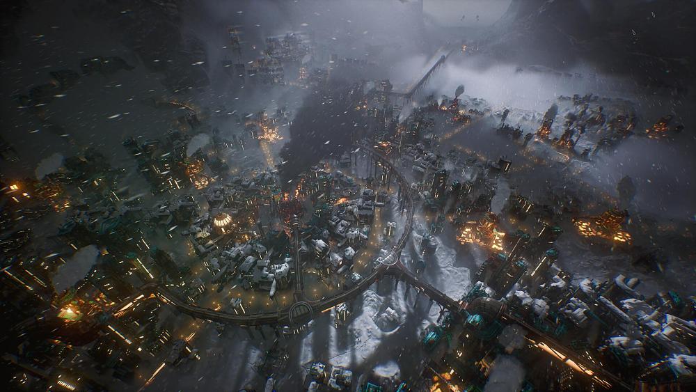 Isometric view of a large, circular city set in a harsh winter landscape.