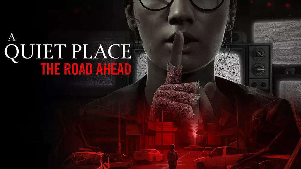 A Quiet Place: The Road Ahead. A closeup of a person making the "shh" motion with her finger to her lips.