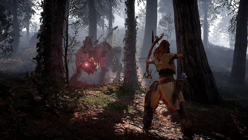 Screenshot from the PS4 version of Horizon Zero Dawn showing the protagonist, Aloy, taking aim at a mechanical dinosaur in a dense forest.